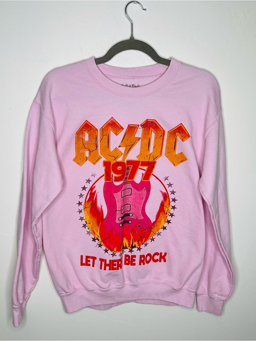 AC/DC Pink Crewneck Sweatshirt with Bold Flame Guitar Graphic size Small